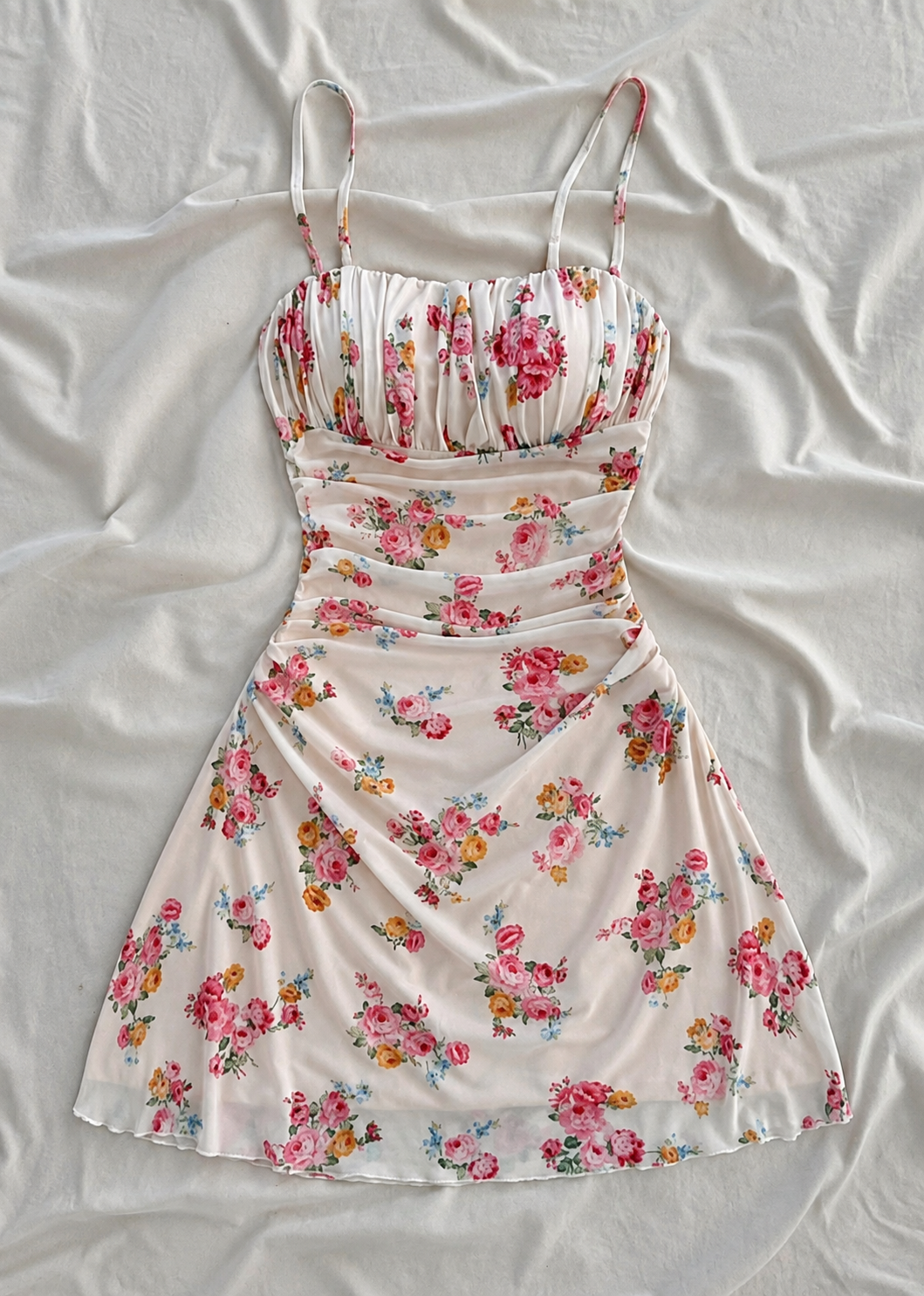 White Floral Ruched Mini Dress