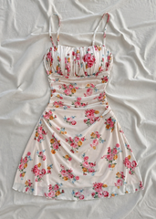 White Floral Ruched Mini Dress
