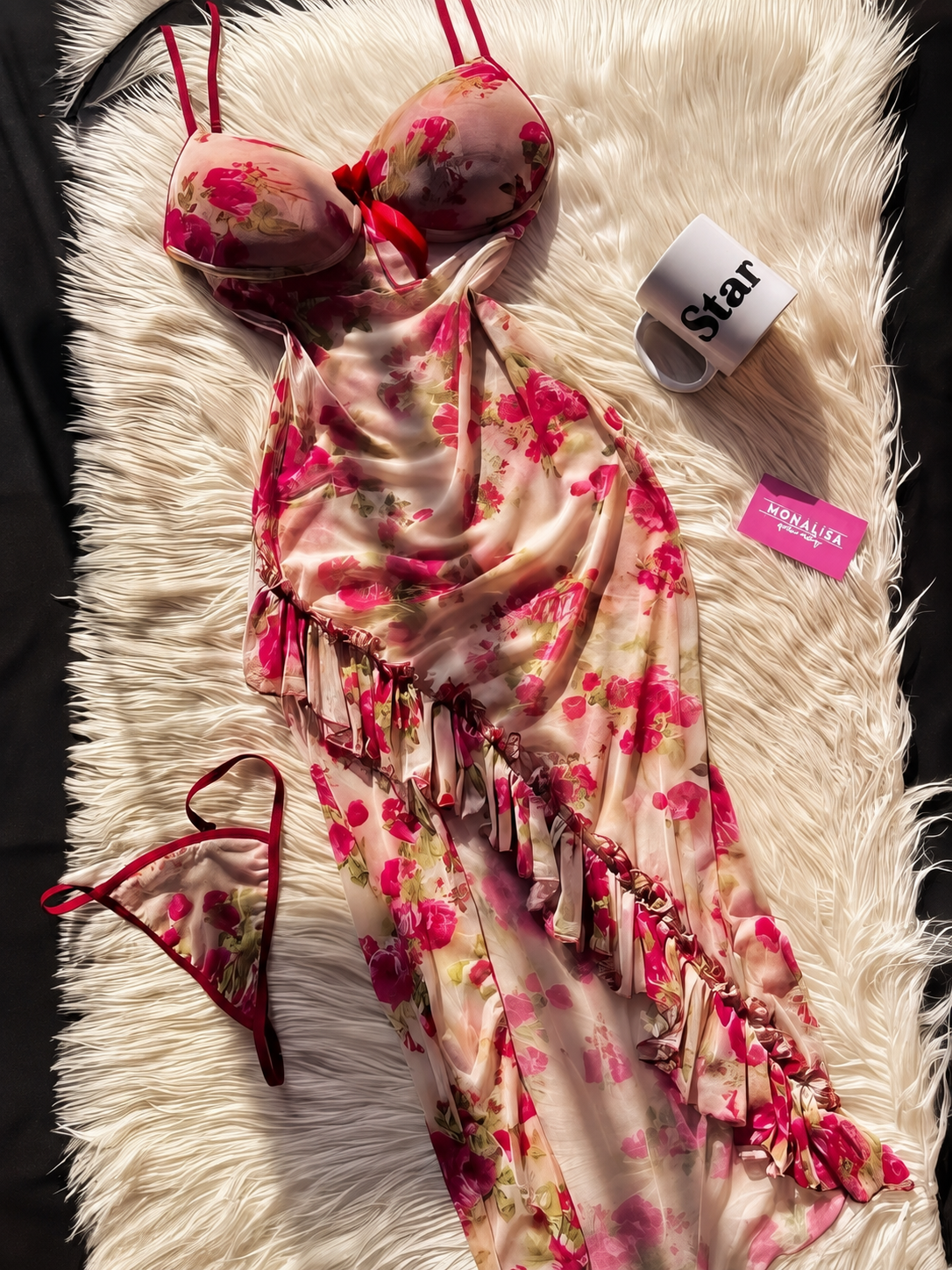 Pink Floral Lingerie Set with Sheer Robe