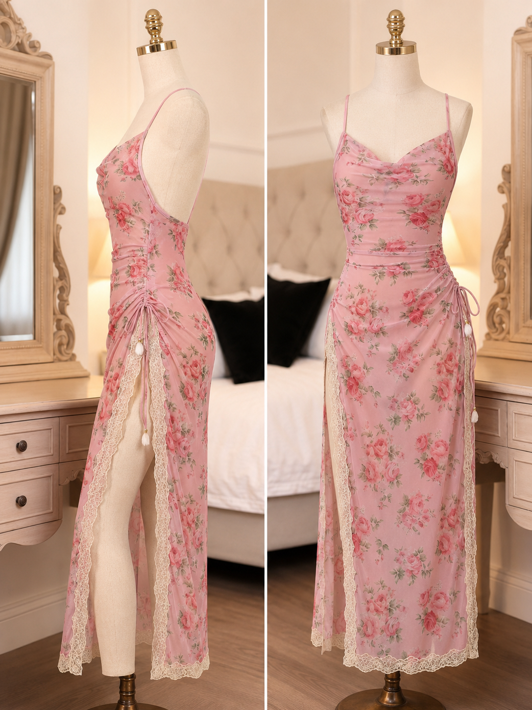 Pink Floral Satin Maxi Nightdress