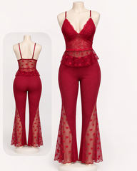 Women's Lace Cami & Sheer Mesh Flared Pants Pajama Set