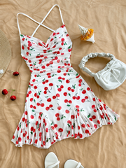 White Cherry Print Ruched Mini Dress