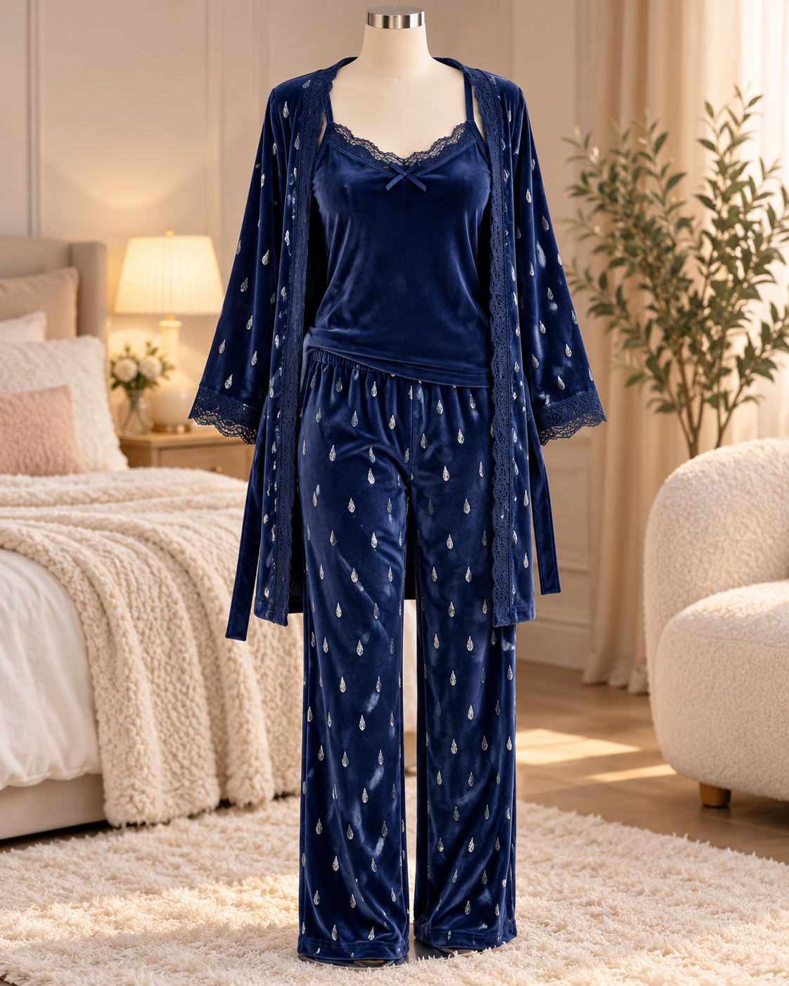 Navy Velvet 3 Piece Pajama Set with Lace Cami Pants & Robe