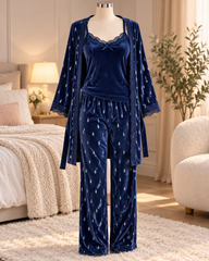 Navy Velvet 3 Piece Pajama Set with Lace Cami Pants & Robe