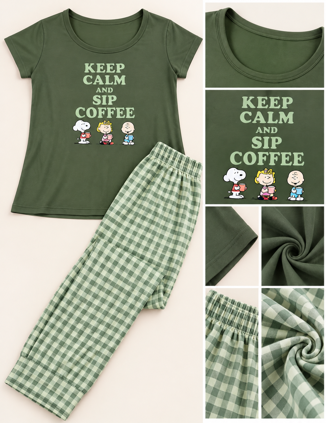Olive Green Coffee Graphic Pajama Set