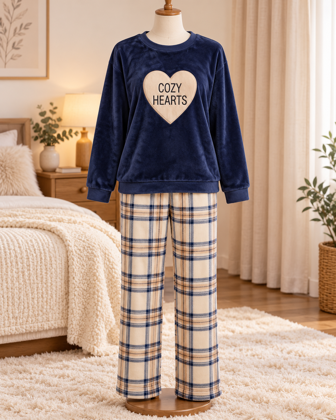 Navy Cozy Hearts Fleece Pajama Set with Plaid Pants