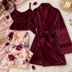3 Pcs Velvet Pajama Set with Lace Robe & Floral Pants