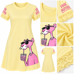 Pink Panther Print T-Shirt Dress with Lace Sleeves
