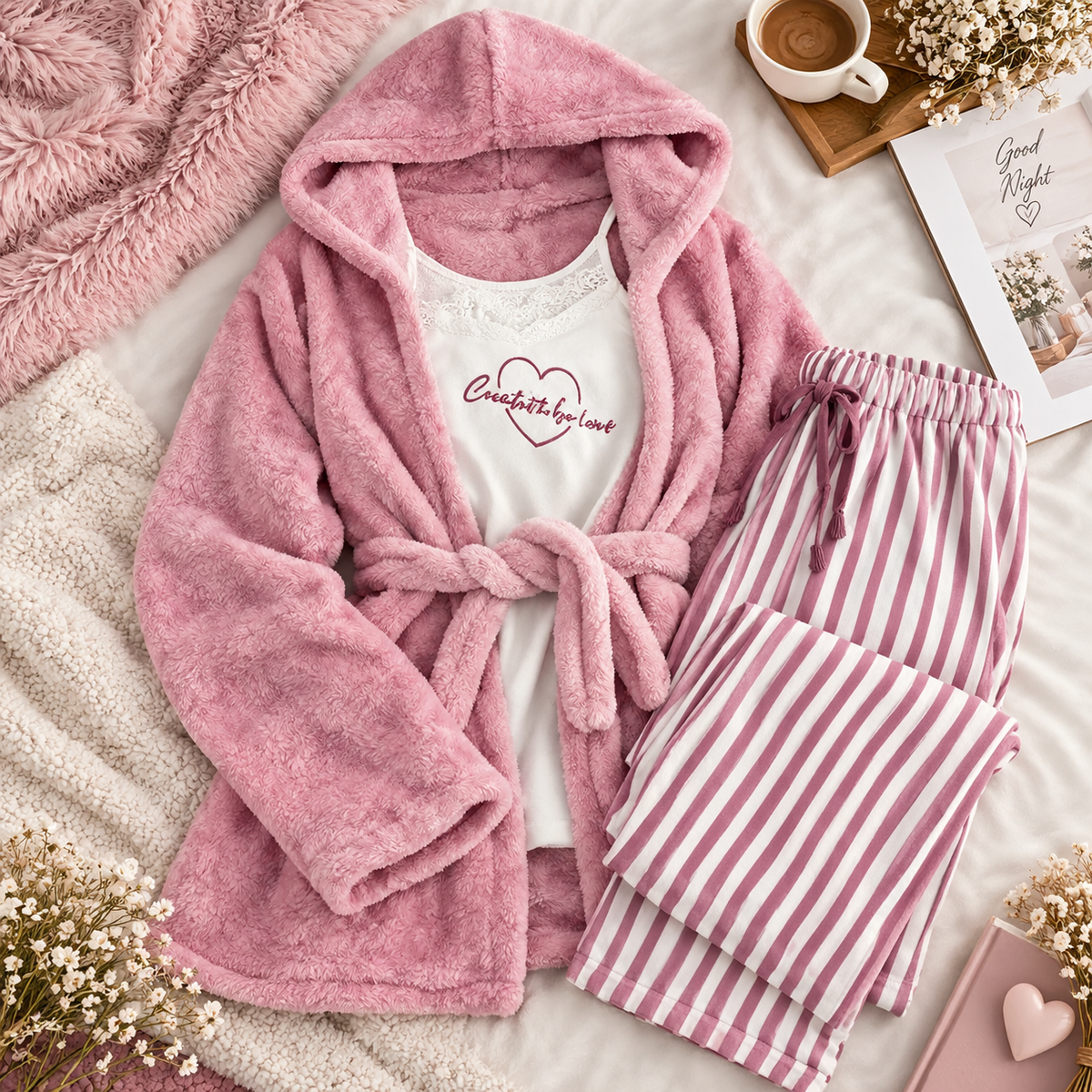 3 Pcs Winter Pajama Set Plush Hooded Robe Lace Top & Striped Pants