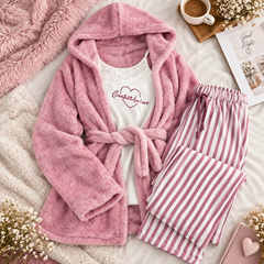 3 Pcs Winter Pajama Set Plush Hooded Robe Lace Top & Striped Pants