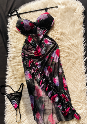Black Floral Lingerie Set with Sheer Robe