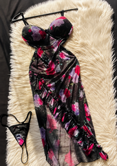 Black Floral Lingerie Set with Sheer Robe