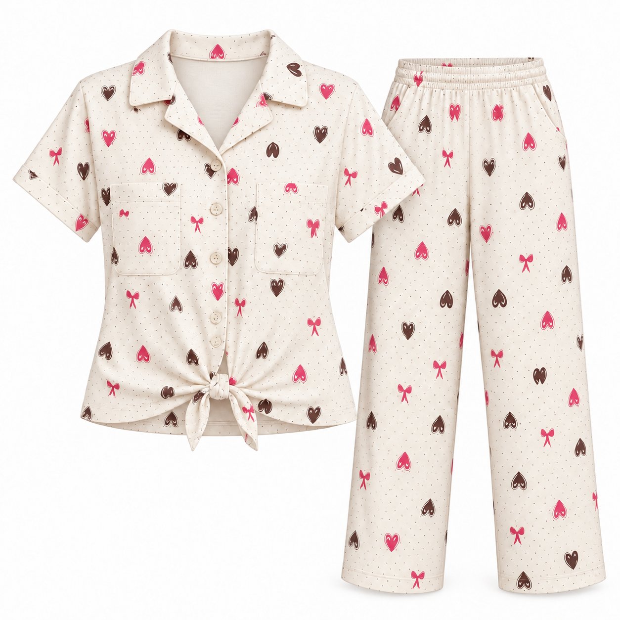 Heart & Bow Print Pajama Set