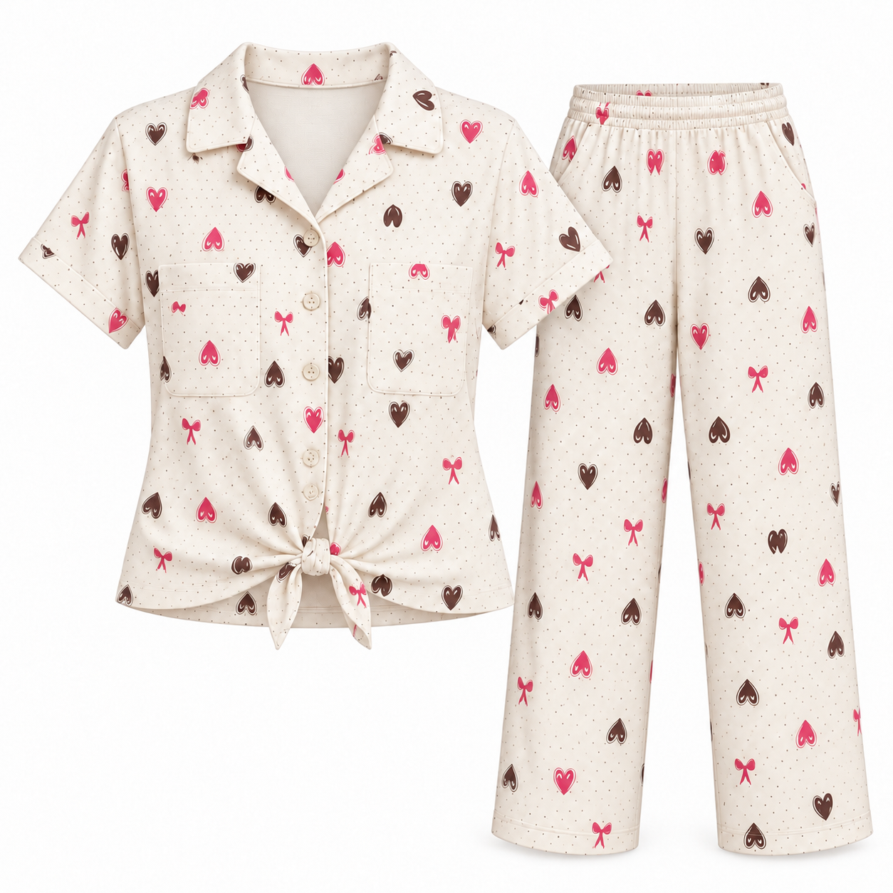 Heart & Bow Print Pajama Set