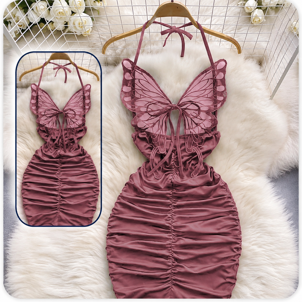 Women's Butterfly Detail Ruched Mini Dress