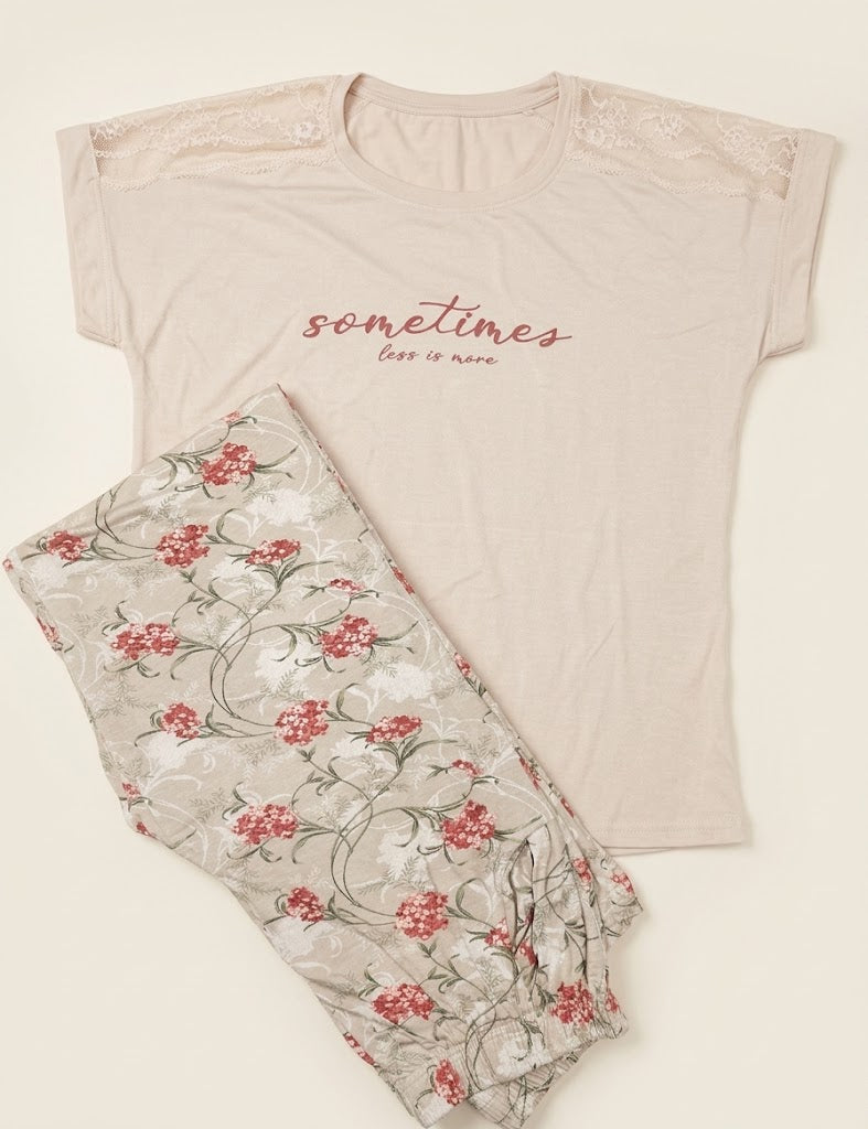 Cream Floral Lace Shoulder Pajama Set