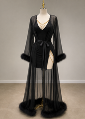 Black Feather Trim Robe & Mini Dress Set