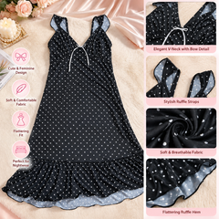 Black Polka Dot Sleeveless Nightdress with Ruffle Hem