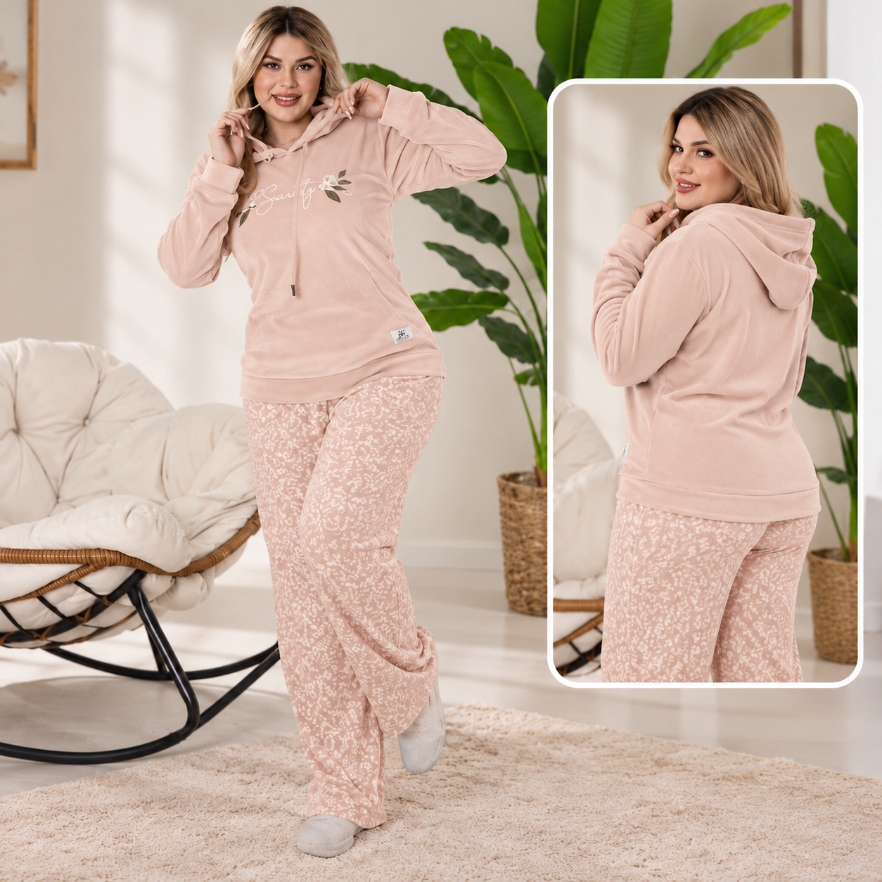Hooded Pajama Set with Floral Wide Leg Pants 2 Pcs -2xl