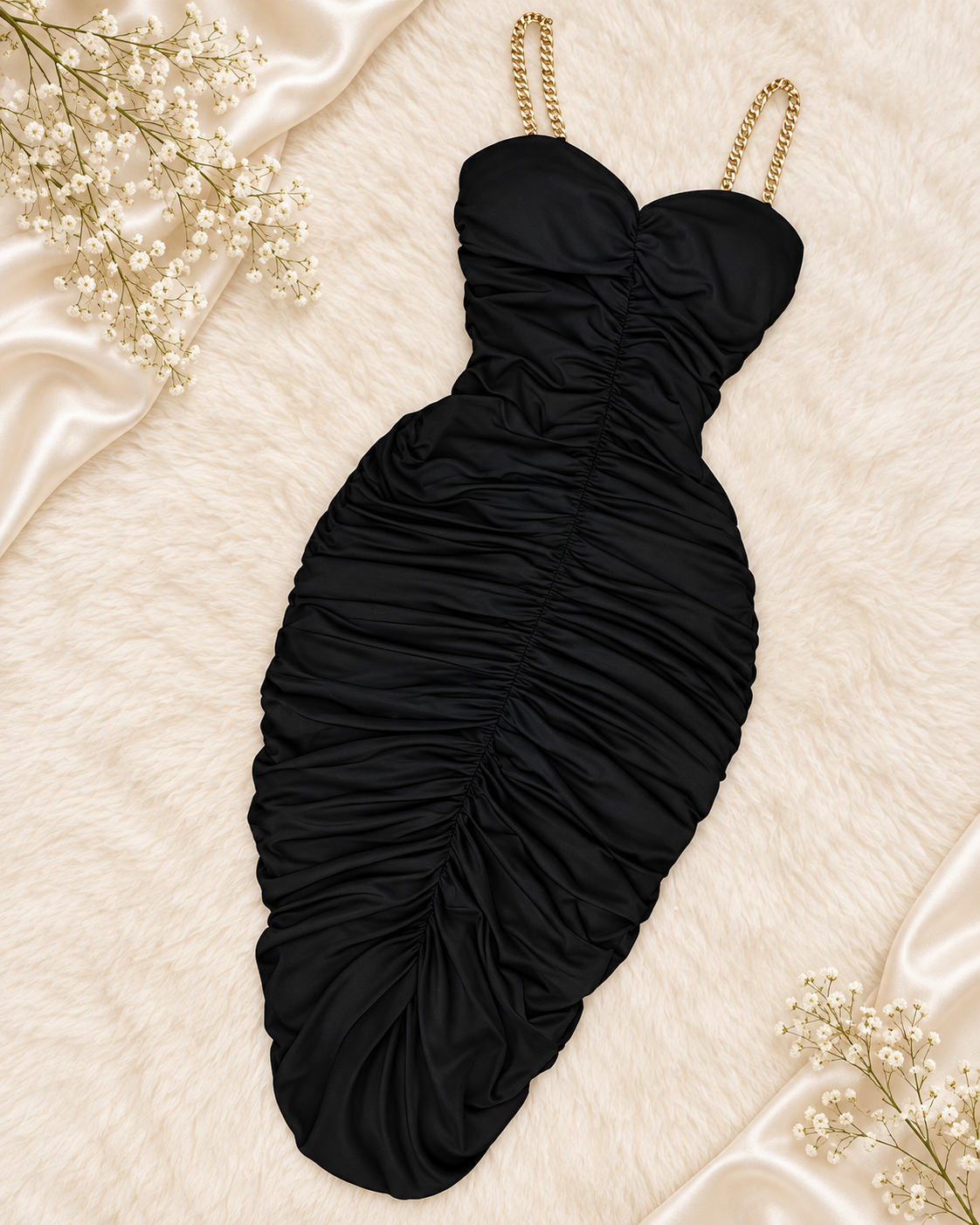 Black Ruched Bodycon Dress with Gold Chain Straps