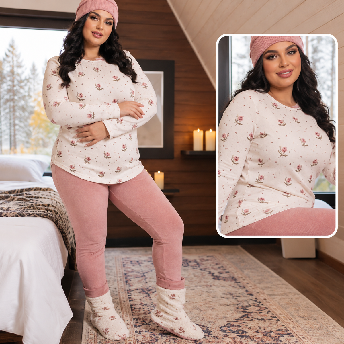 Winter Floral Pajama Set Dusty Pink 3Pcs