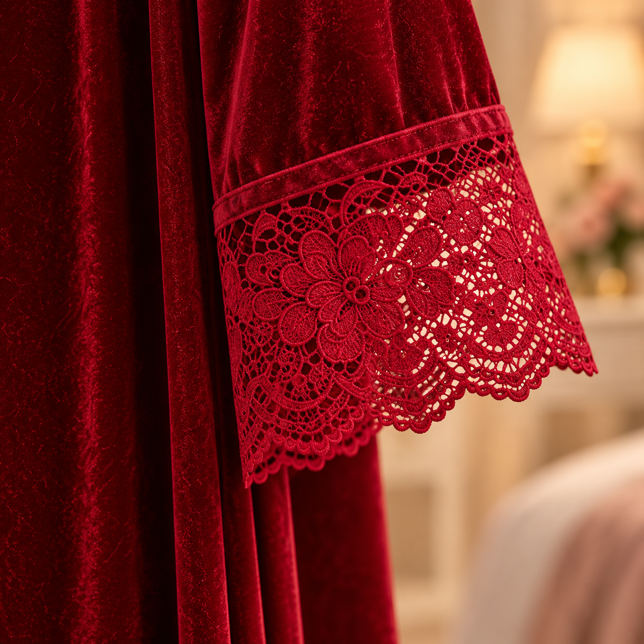 Red Velvet Lace Nightdress and Robe 2 Piece Set Big Size