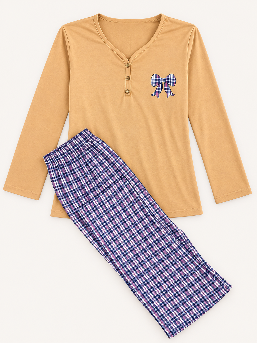 Women's Beige Plaid Bow Pajama Set