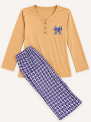 Women's Beige Plaid Bow Pajama Set