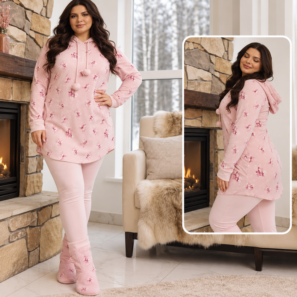 Pink Floral Hooded Pajama Set 2 Pcs