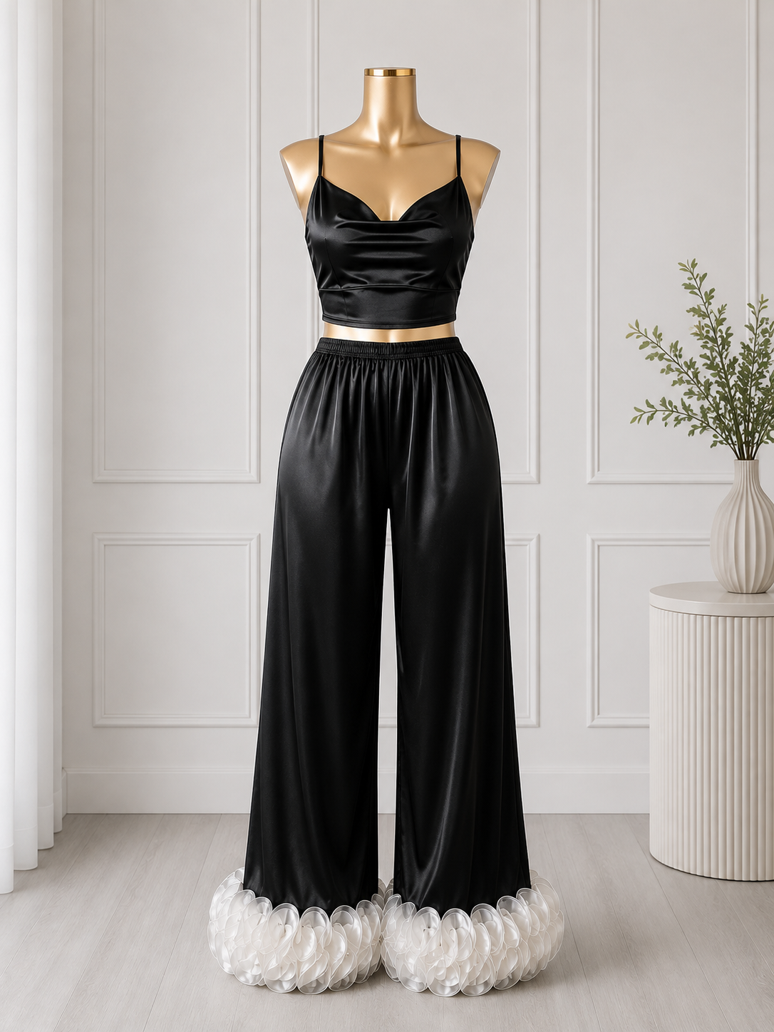 Women's Satin Pajama Set with Ruffle Hem