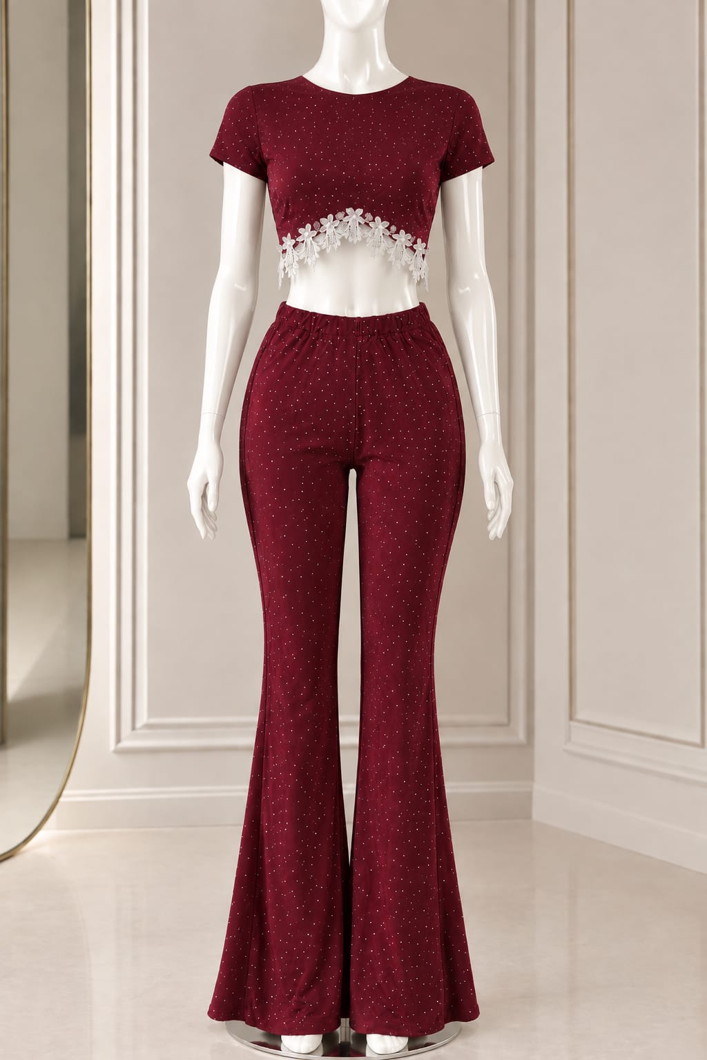 Burgundy Lace Trim Crop Top Pajama Set with Flared Pants