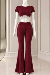 Burgundy Lace Trim Crop Top Pajama Set with Flared Pants