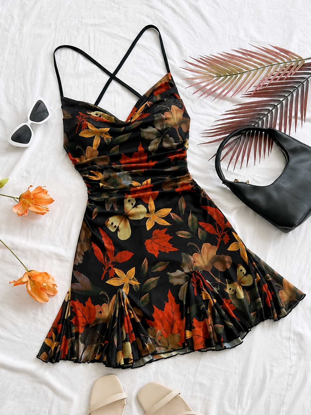 Black Autumn Floral Ruched Mini Dress