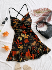 Black Autumn Floral Ruched Mini Dress