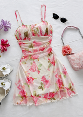 Women's Pink Floral Ruched Mini Dress