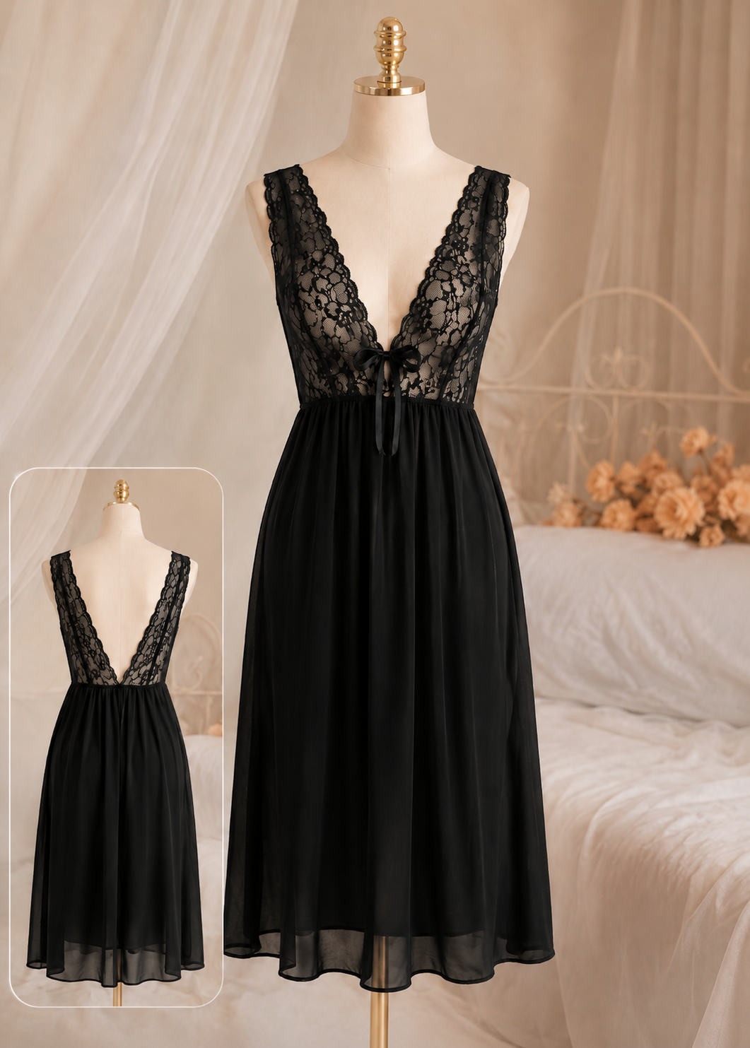 Women's Lace Deep V-Neck Maxi Nightdress