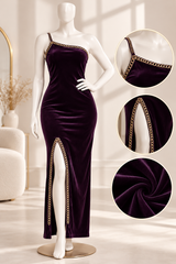 One Shoulder Velvet Maxi Dress with Gold Trim & Front Slit