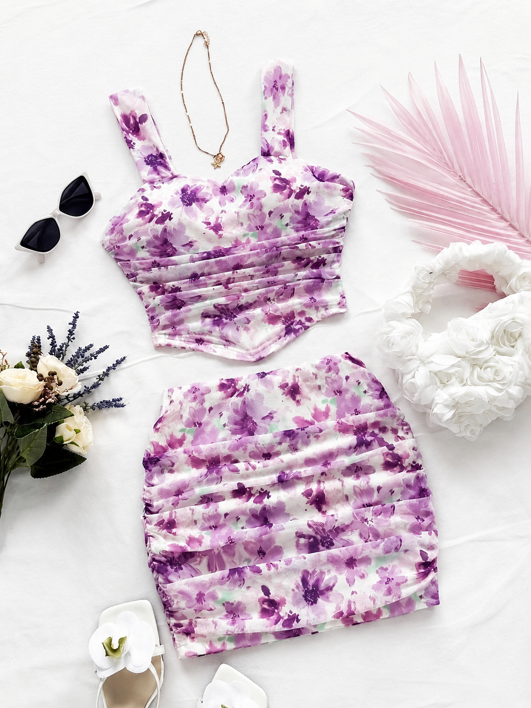 Purple Floral 2-Piece Crop Top & Mini Skirt Set
