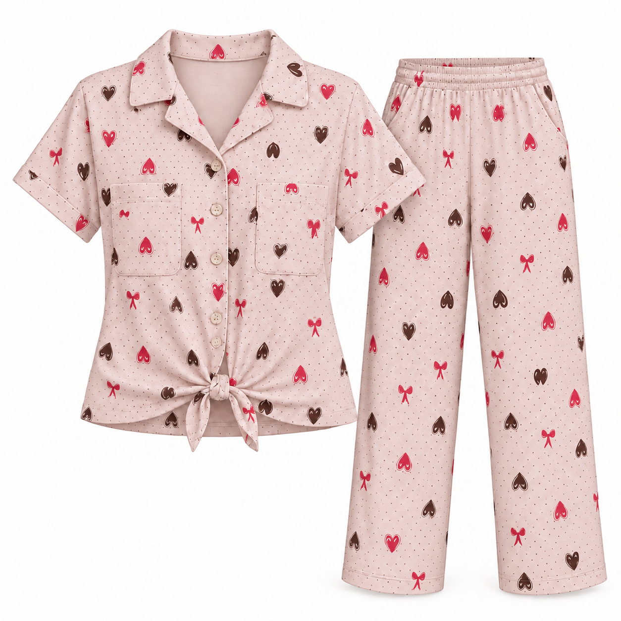 Heart & Bow Print Pajama Set