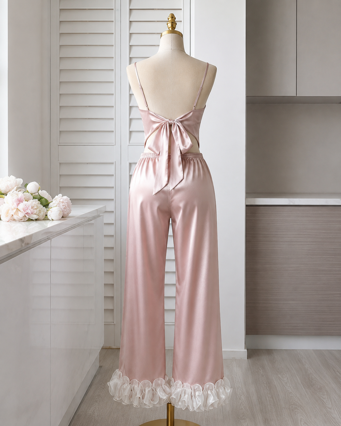 Women's Satin Pajama Set with Ruffle Hem