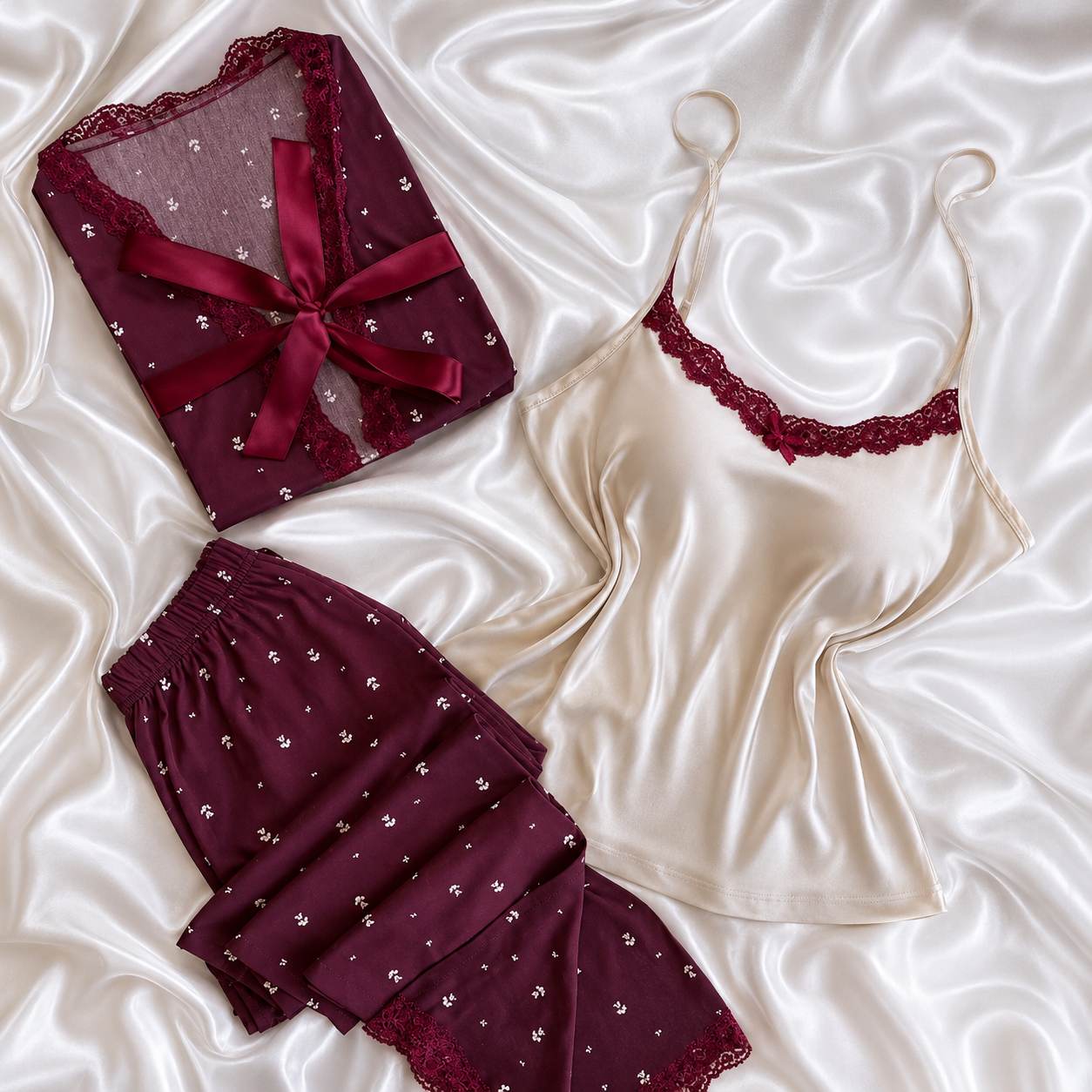 3Pcs Floral Pajama Set – Burgundy & Ivory
