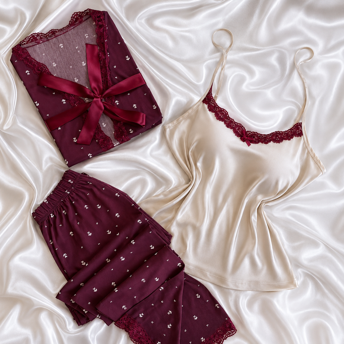 3Pcs Floral Pajama Set – Burgundy & Ivory