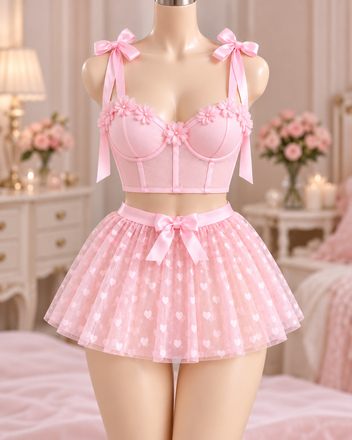 Pink Floral Corset Lingerie Set with Heart Tulle Skirt