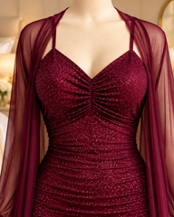 Burgundy Glitter Ruched Lingerie Set with Sheer Long Robe 2 Piece