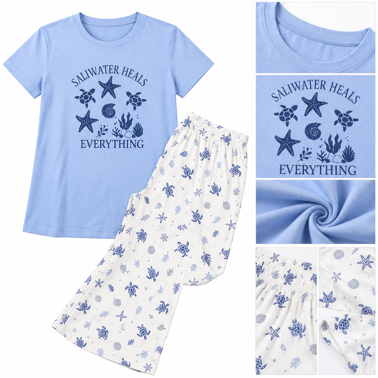 Blue Ocean Print Pajama Set with Turtle Pattern Pants