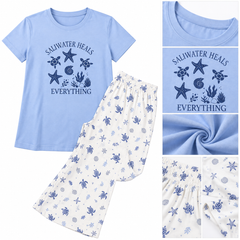 Blue Ocean Print Pajama Set with Turtle Pattern Pants