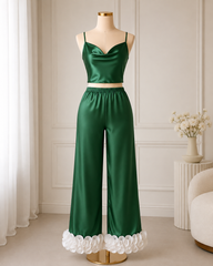 Women's Satin Pajama Set with Ruffle Hem
