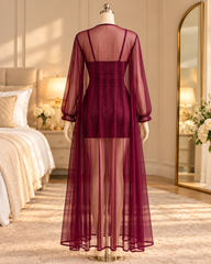 Burgundy Glitter Ruched Lingerie Set with Sheer Long Robe 2 Piece