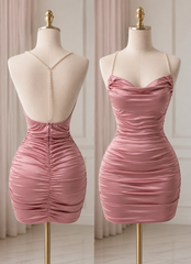 Women's Satin Ruched Bodycon Mini Dress with Pearl Straps
