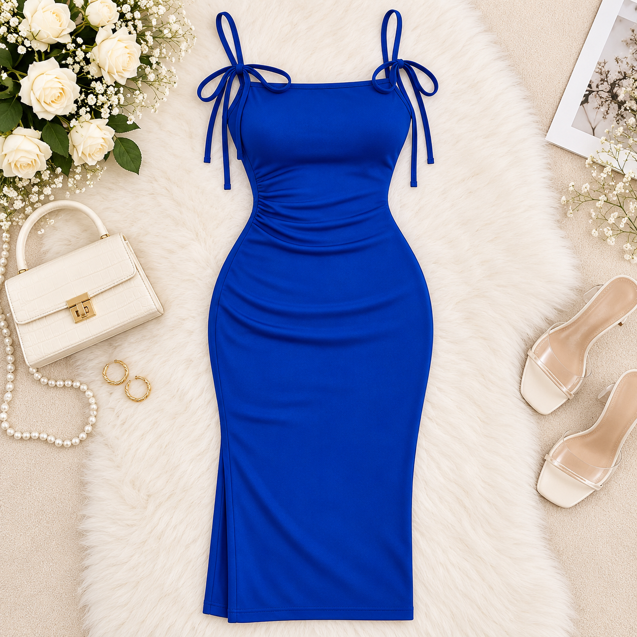 Ruched Bodycon Midi Dress with Bow Tie Straps